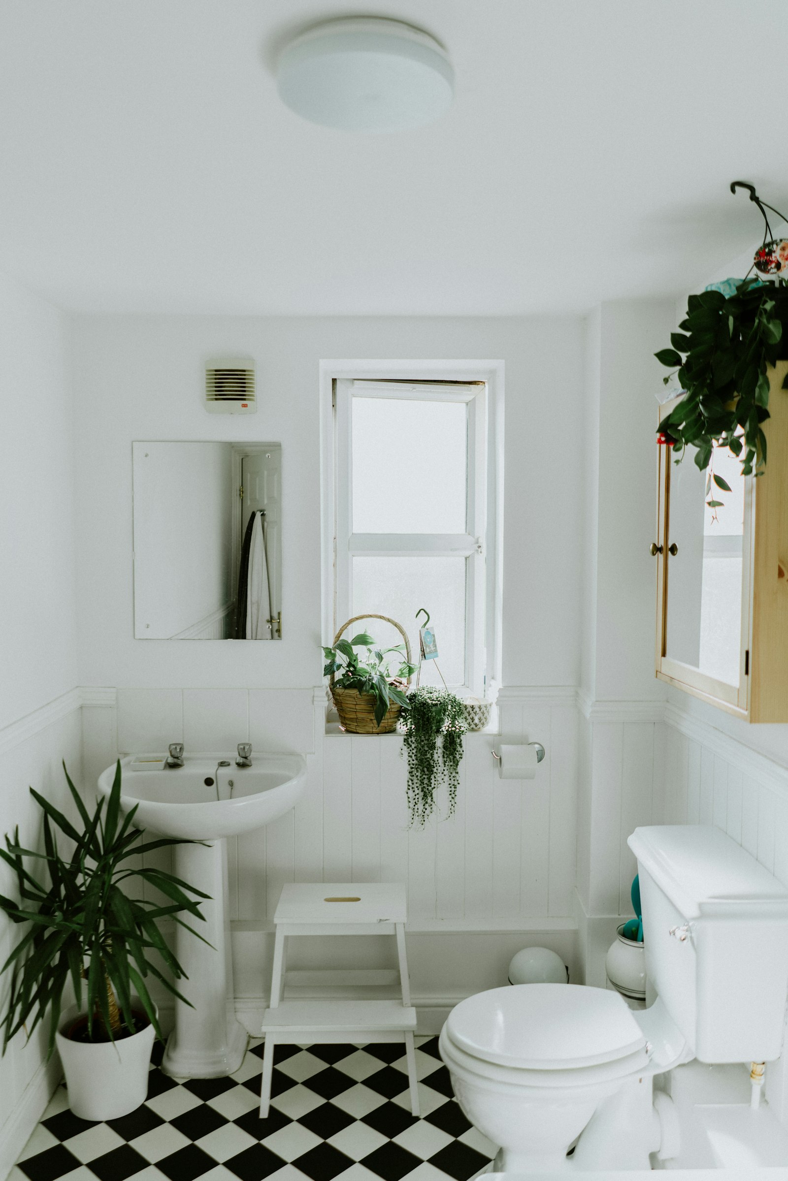 A clean white domestic bathroom with a close-coupled toilet, pedestal basin and chrome fittings